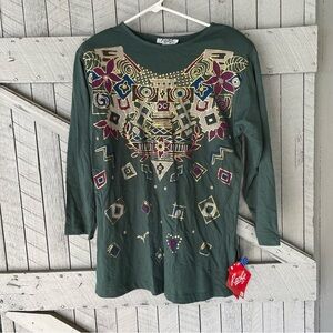 Vintage Island Top size S Rachie Green 90’s Floral Zigzag